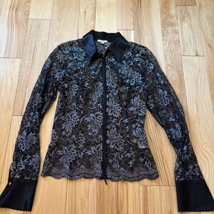 Vintage Y2K Cache Black Metallic Lace Collared Front Zipper Semi Sheer Top